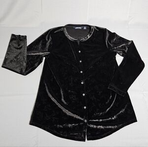 Land's End Velvet Floral Black Mandarin Collar Button Down Gothic Romantic Sz M